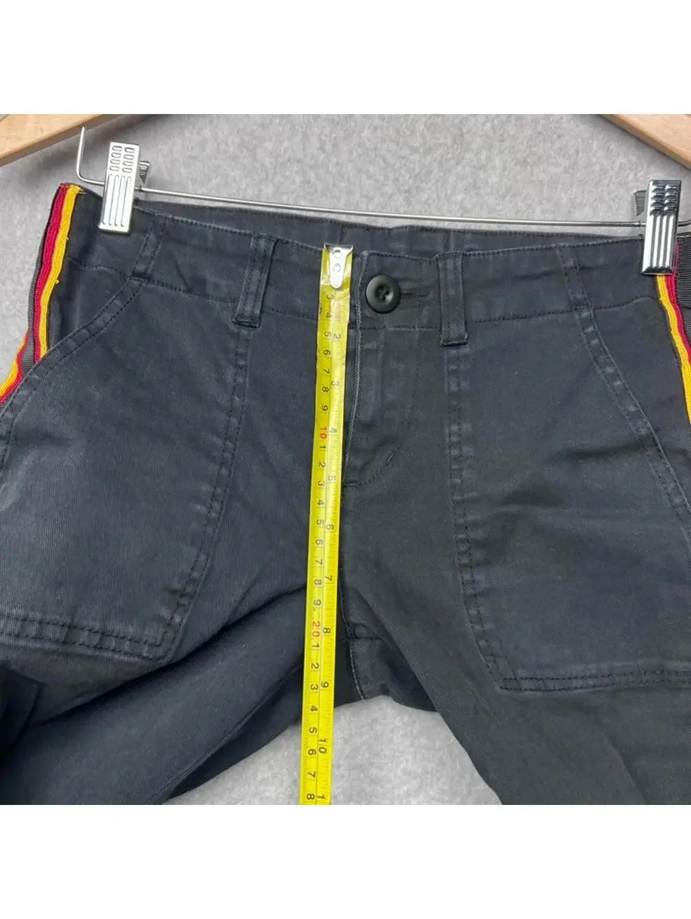 Pam & Gela Racing Stripe Step Hem Jeans Black Red Yellow Side Stripe Womens 25